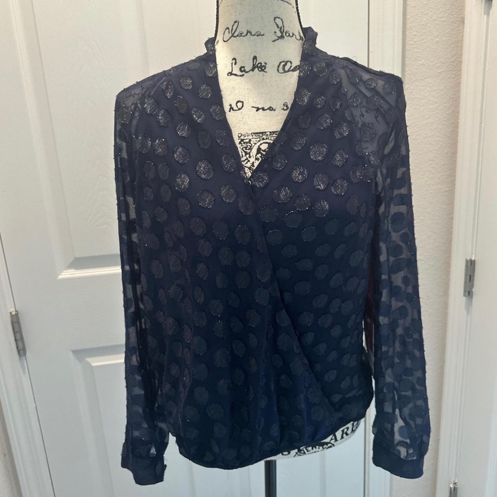 Jennifer Lopez Navy Sheer Polka Dot Wrap Blouse
